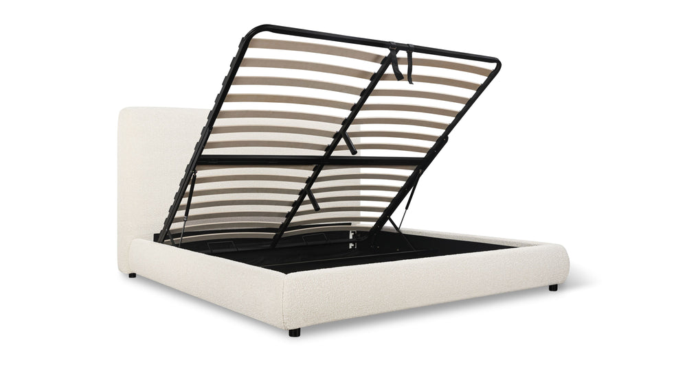 Cama Dream con almacenamiento y cabecera alta, King, bouclé crema