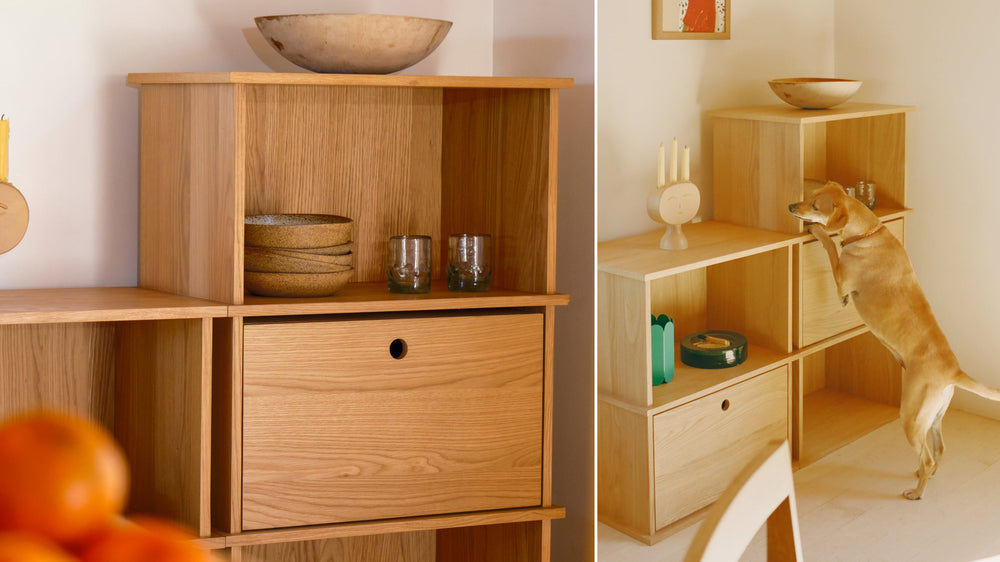 Keep Stacking Storage System — conjunto de 4 piezas altas, con módulos abiertos y cerrados, en roble blanco