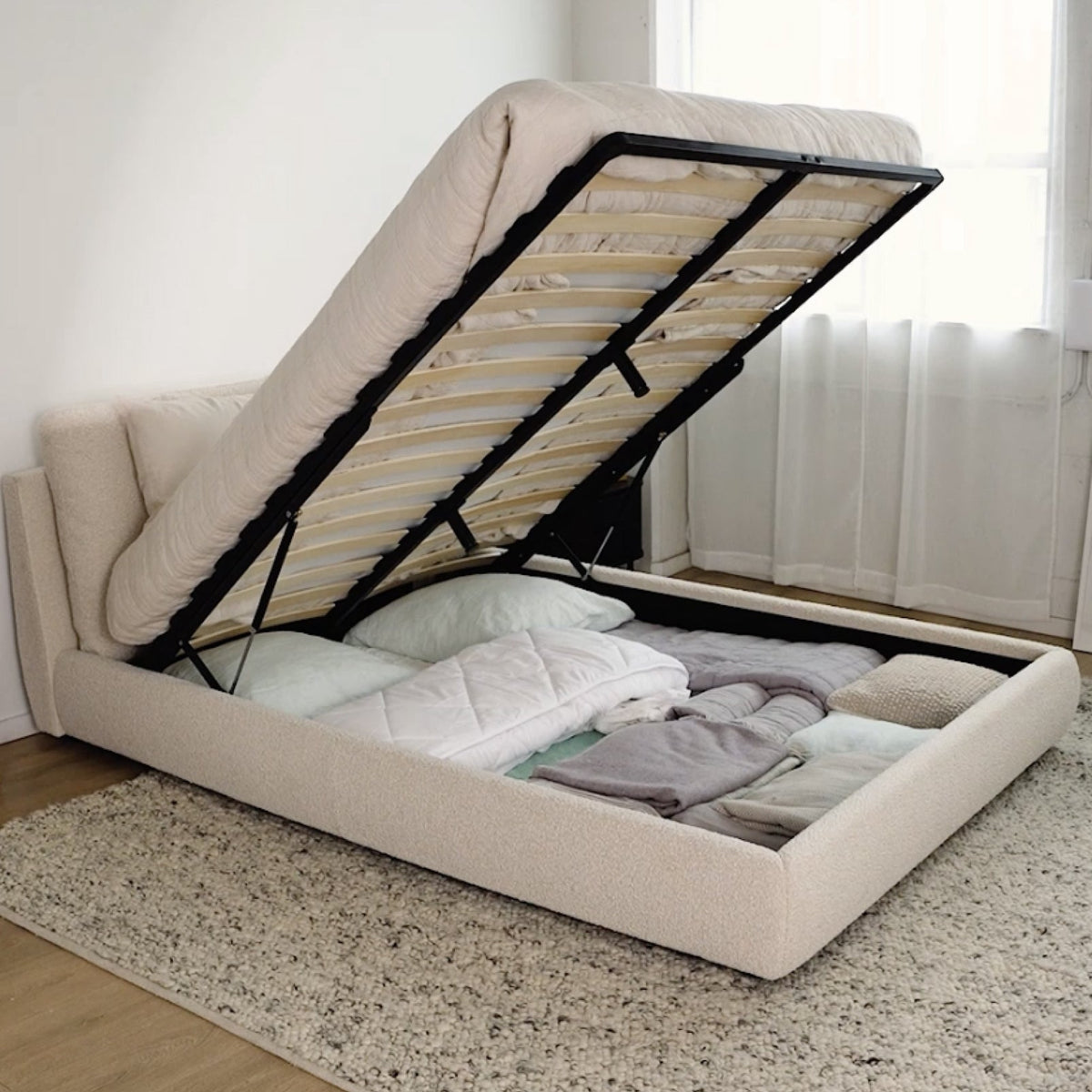 Cama Cloud con almacenamiento, Queen, bouclé crema