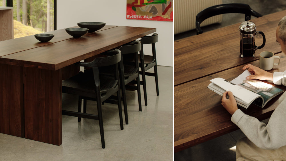 Mesa de comedor Plane, capacidad para 8–10 personas, nogal americano