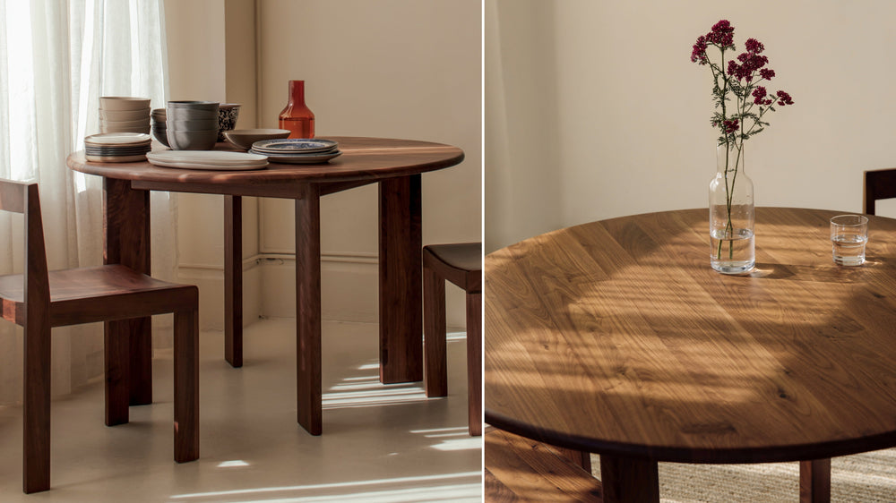 Mesa de comedor redonda Frame, para 4 a 5 personas, nogal americano