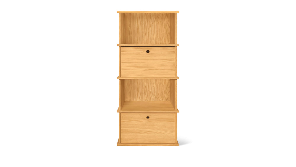 Keep Stacking Storage System — conjunto de 4 piezas altas, con módulos abiertos y cerrados, en roble blanco