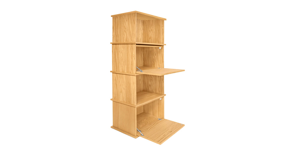 Keep Stacking Storage System — conjunto de 4 piezas altas, con módulos abiertos y cerrados, en roble blanco